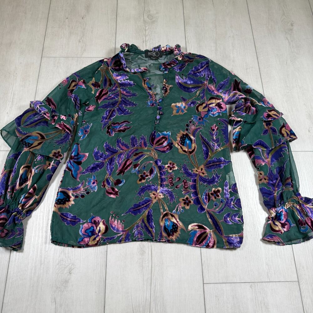 PatBO Burnout Velvet Blouse Blue Purple Women's XS Ruffles Long Sleeve Sheer